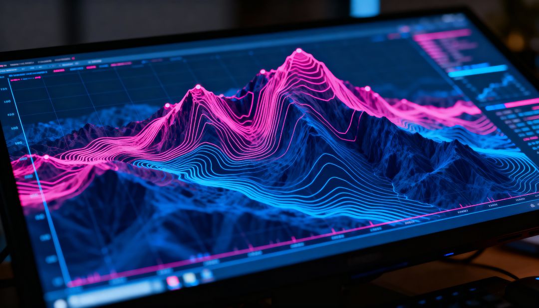 Neon 3D Contour Data Visualization Showing Pink Blue Topographic Analytics Dashboard