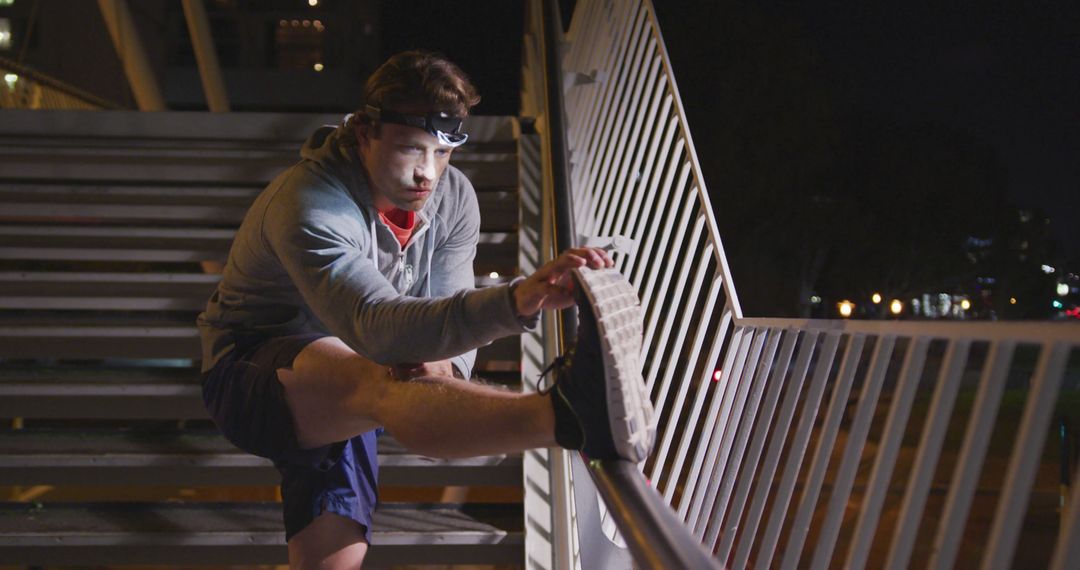 Determined Man Stretching Before Night Run on Urban Staircase - Free Images, Stock Photos and Pictures on Pikwizard.com