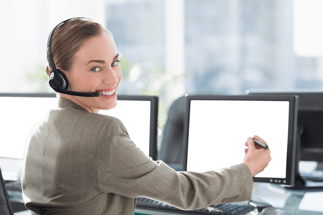 Transparent Businesswoman Smiling with Headset Pointing at Screen