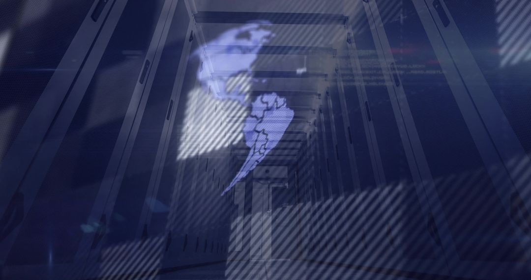 Advanced Data Center with Futuristic Globe and Digital Overlays