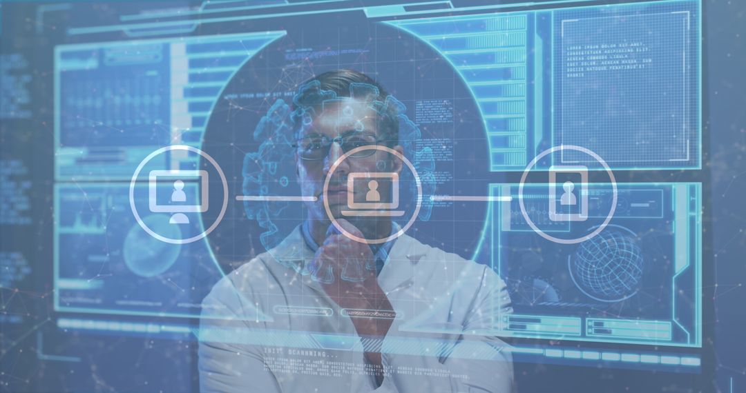 Futuristic interface with scientist analyzing digital data connections