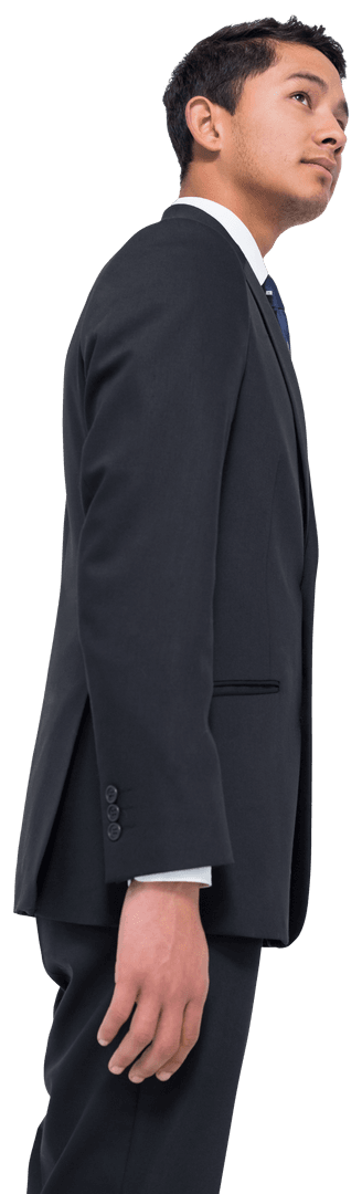 Smiling Asian Businessman Looking Up on Transparent Background