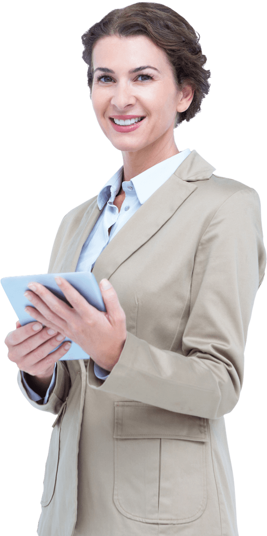 Smiling Businesswoman in Beige Suit Holding Digital Tablet Transparent Background