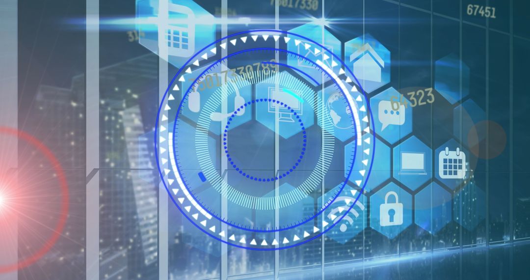 Futuristic Digital Interface with Hexagonal Icons and Holographic Display