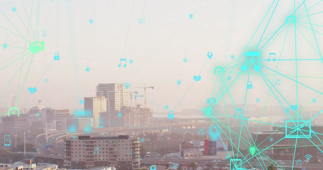 Digital Network Overlay on Cityscape Illustrating Global Connectivity