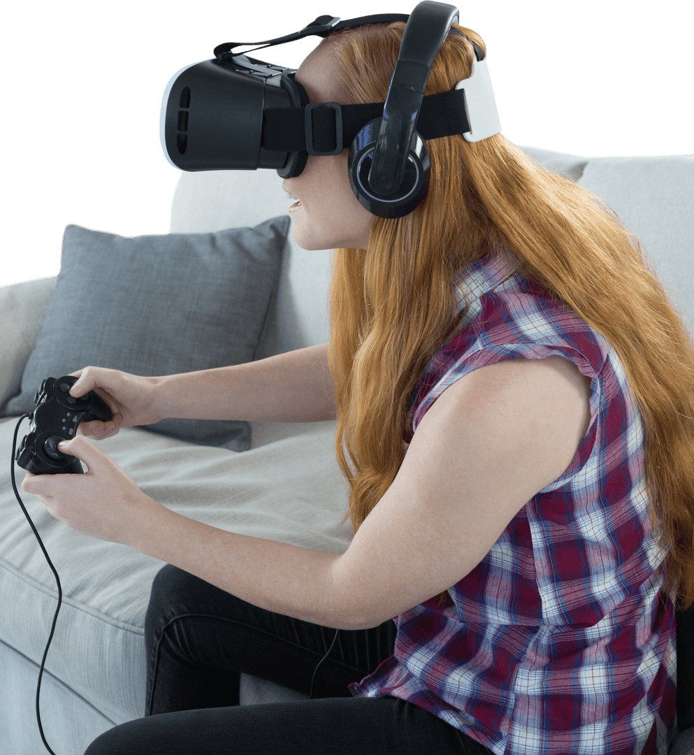 Woman Experiencing Virtual Reality Gaming with Headset at Home