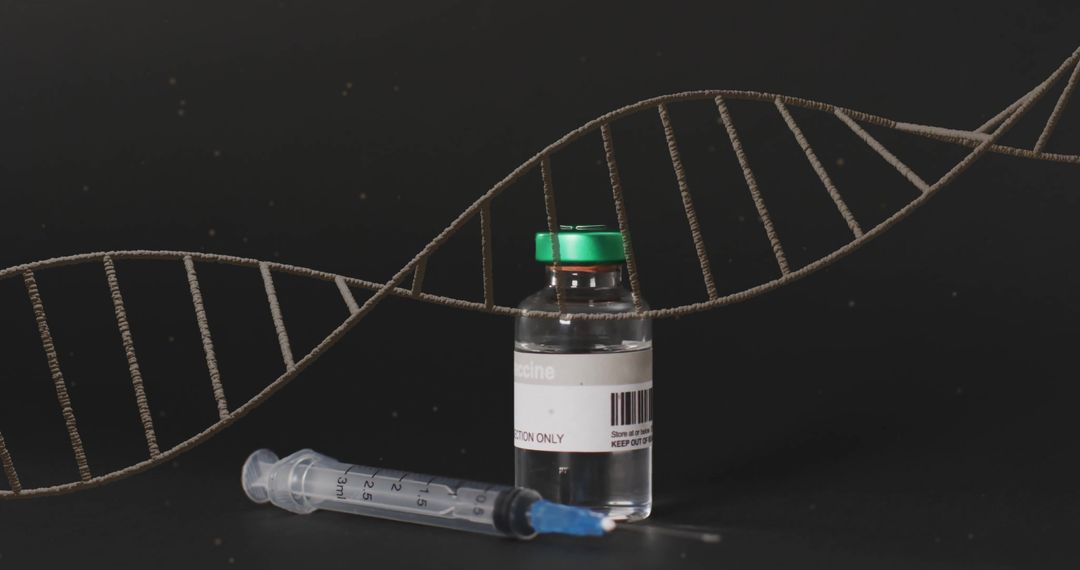 DNA Strand Over Vaccine Vial and Syringe on Dark Background