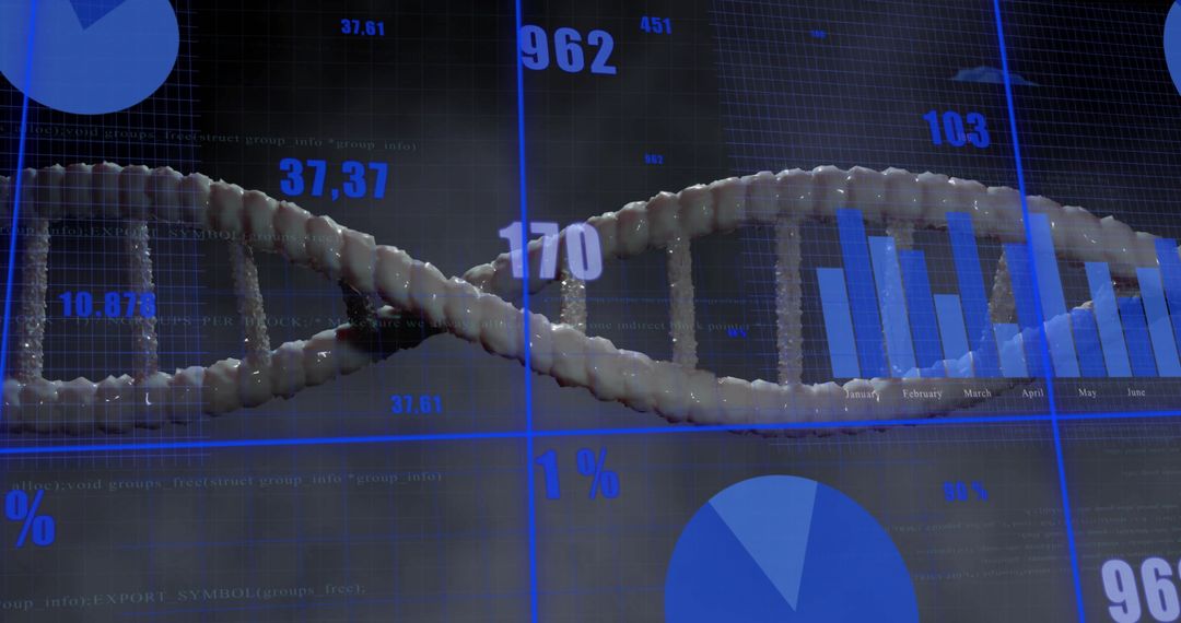 Futuristic 3D DNA Helix with Digital Analytics Overlay