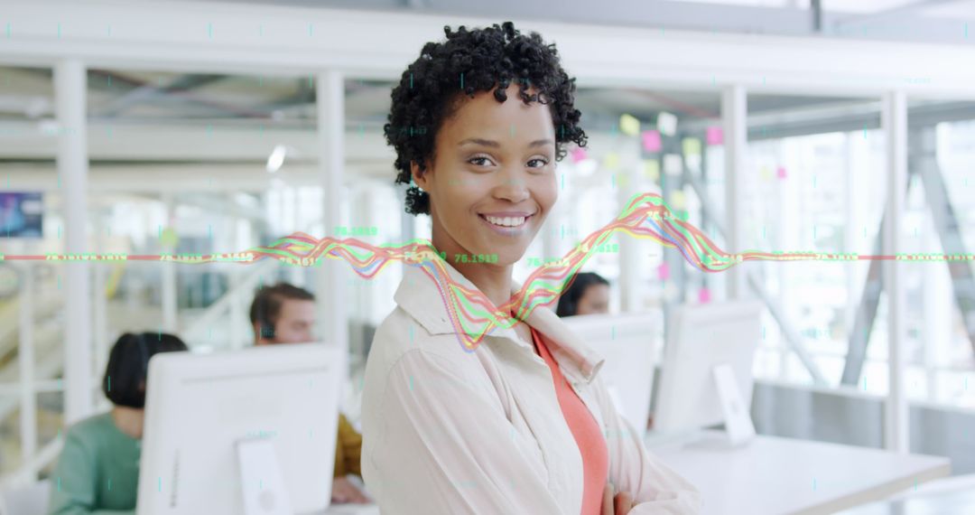 Successful Businesswoman Celebrating Data Success in Modern Office