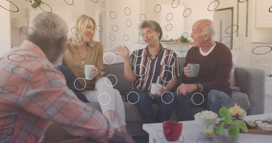 Diverse Seniors Engaged in Conversation with Digital Media Overlay