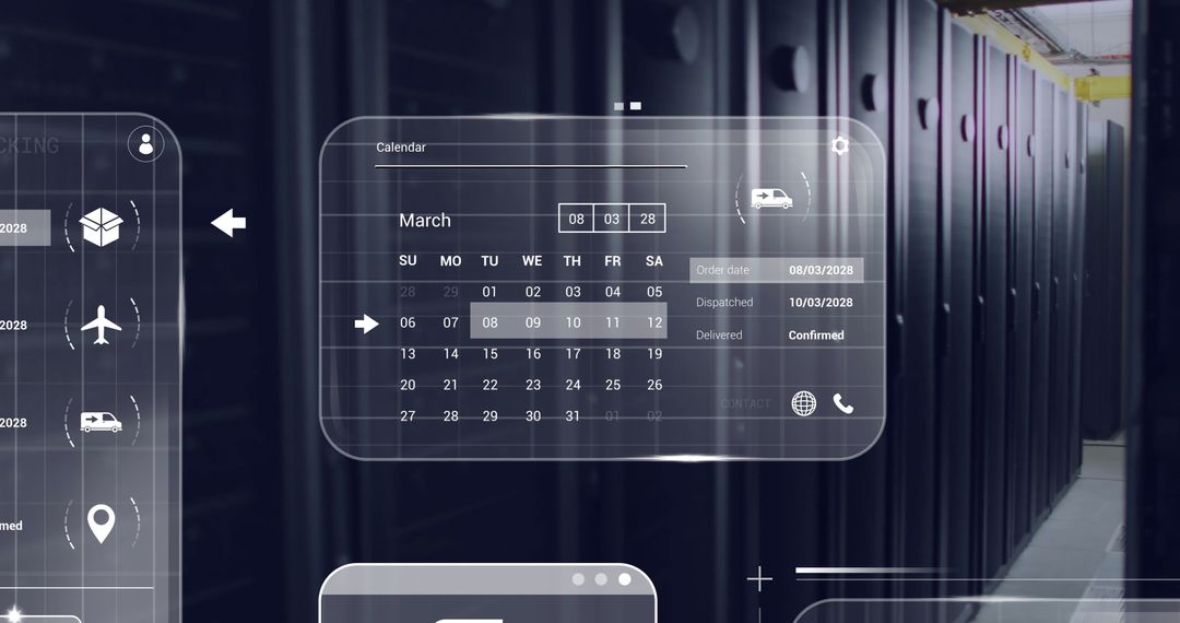Futuristic UI Calendar Interface in Data Center with Shipment Icons