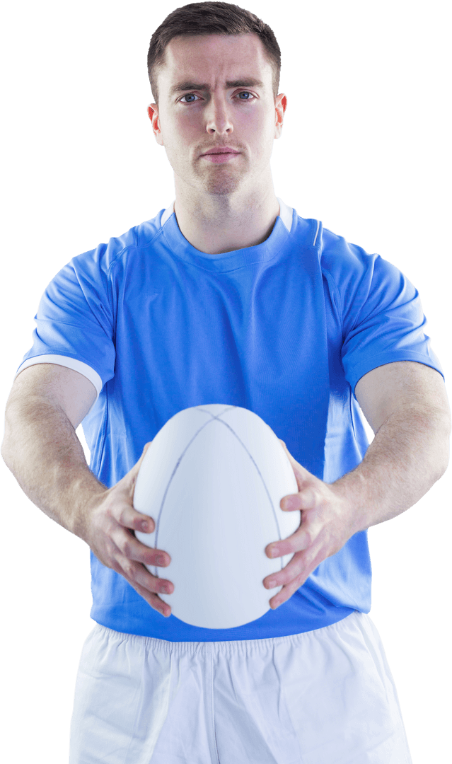 Confident Rugby Player Holding Ball on White Transparent Background