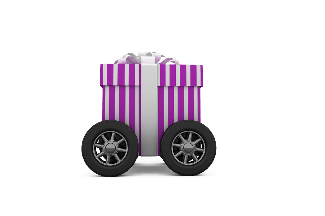 Transparent Gift Box on Wheels Isolated Concept
