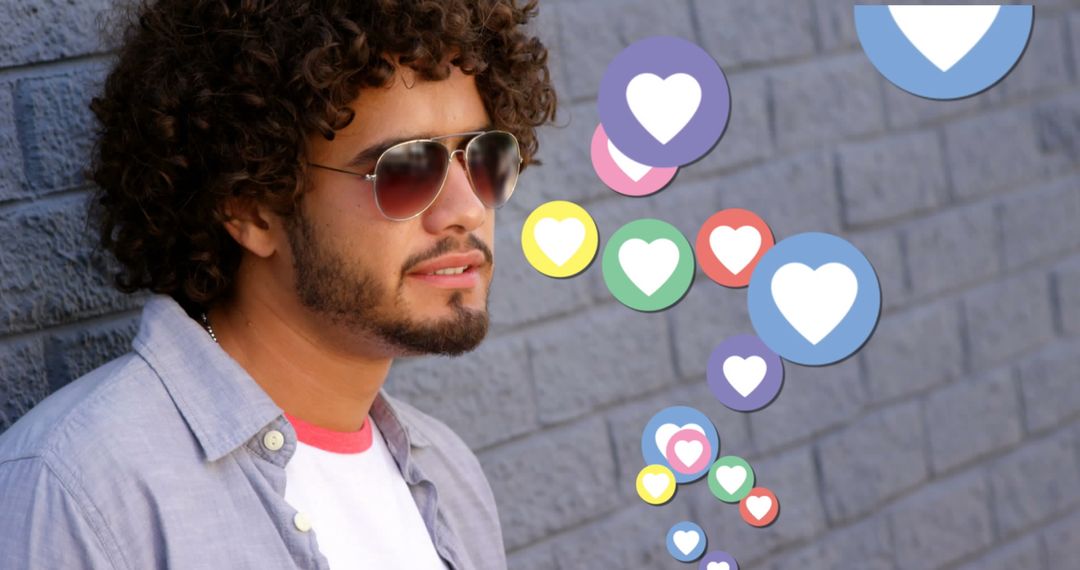 Man Engaging with Social Media Heart Icons Outdoors