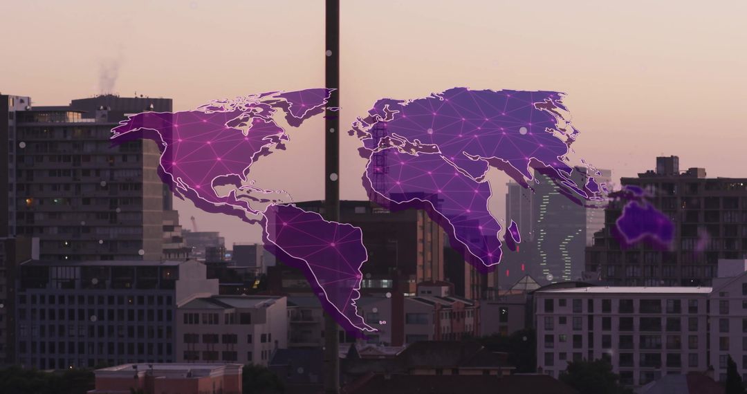 Digital World Map Over Modern Cityscape Signifying Global Connectivity