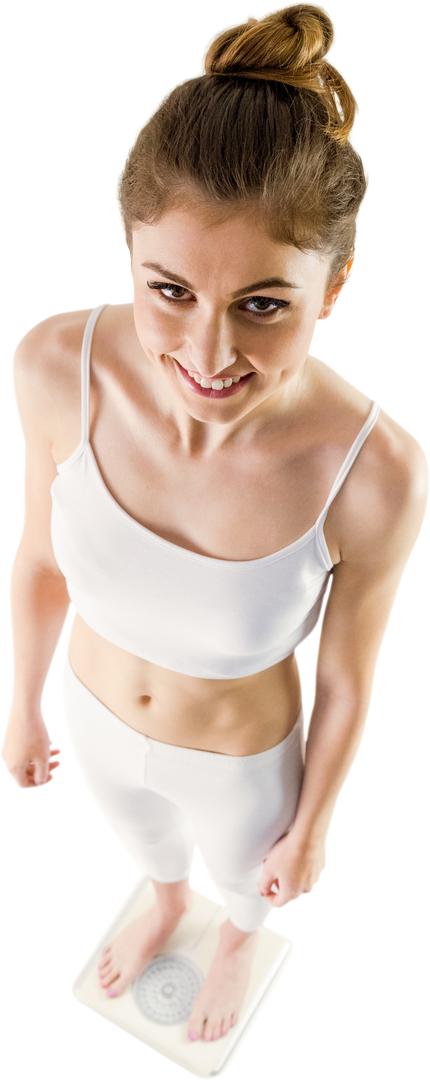 Fit Woman Standing on Weighing Scale Smiling with Transparent Background - Download Free Stock Images Pikwizard.com