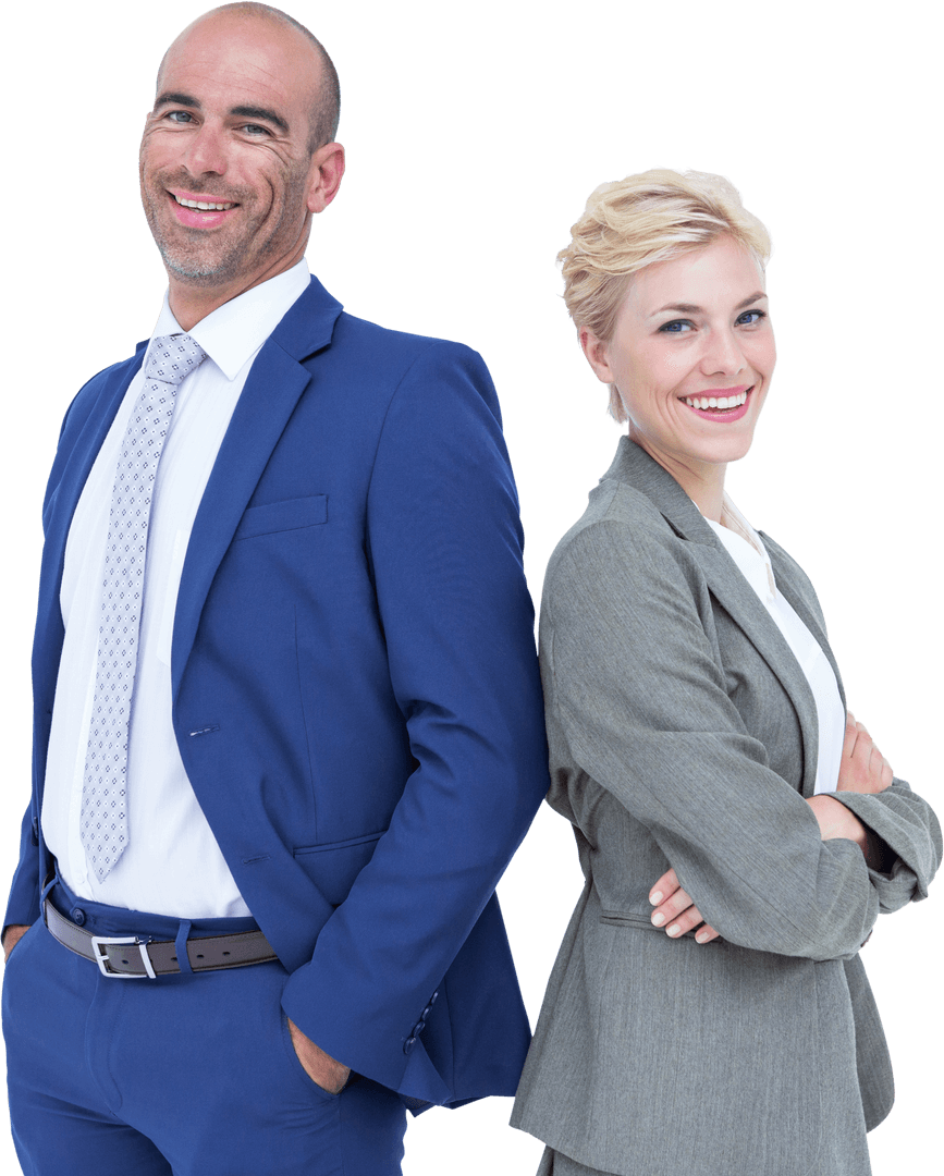 Transparent Business Team, Back-to-Back in Suit Attire Smiling Professionally