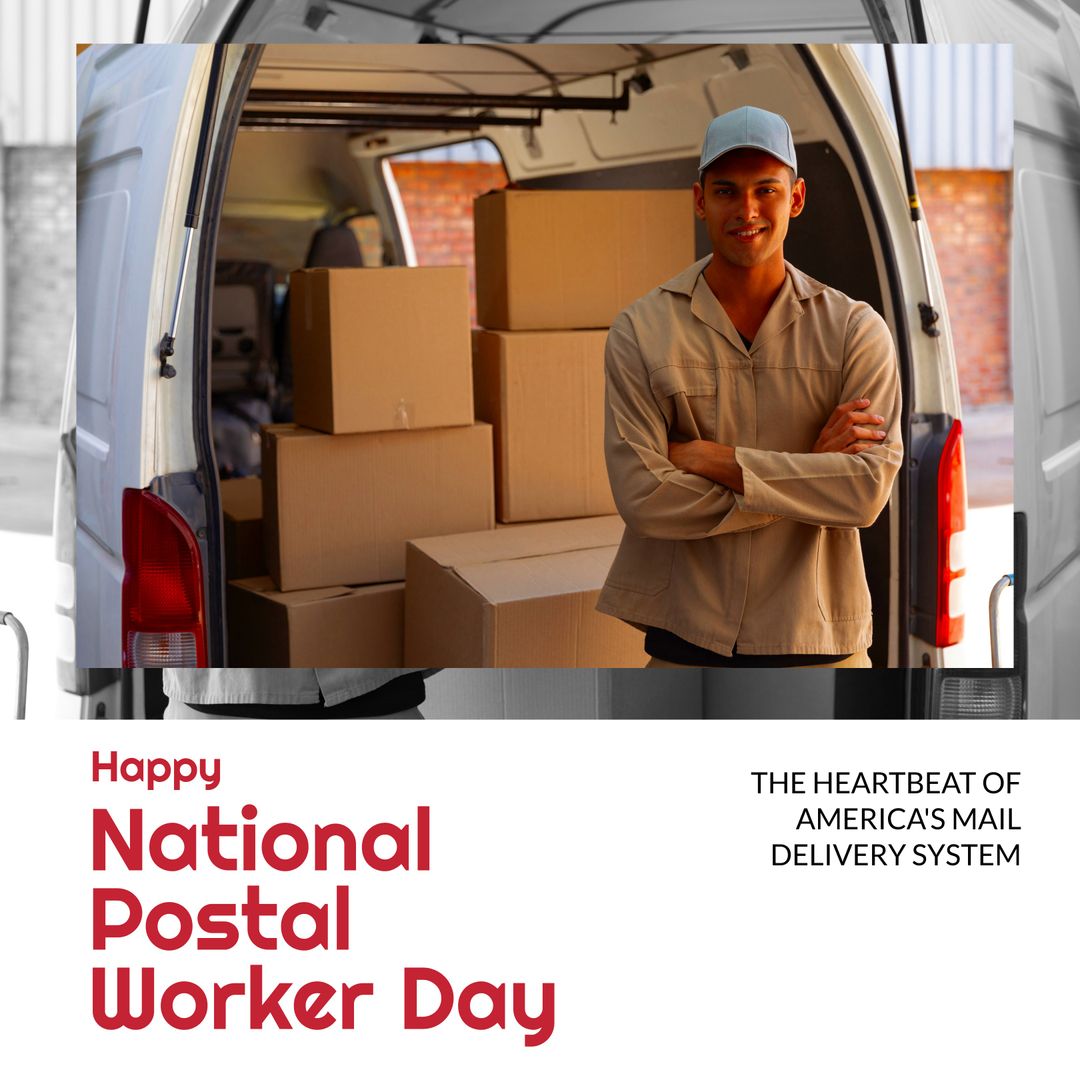 National Postal Worker Day Celebration with Smiling Delivery Man by Delivery Van - Download Free Stock Templates Pikwizard.com