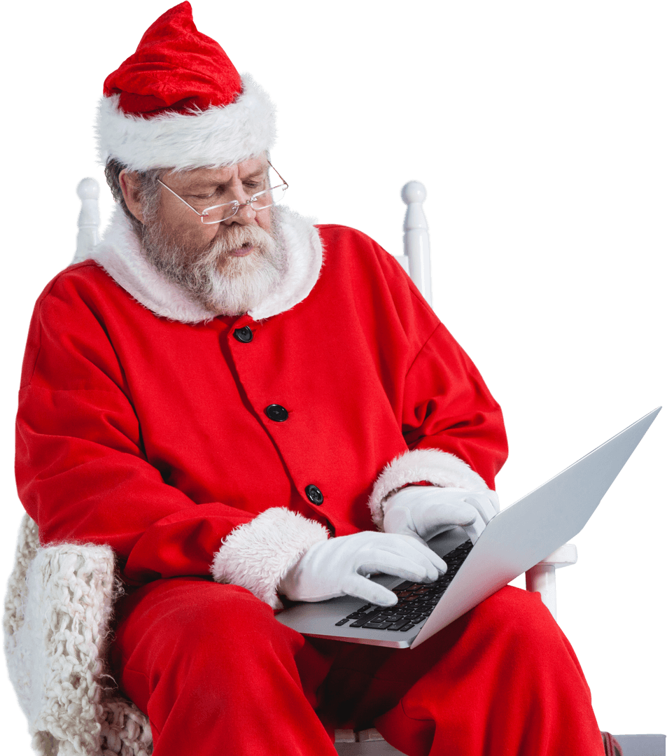 Transparent Santa Claus Using Laptop with Serious Expression