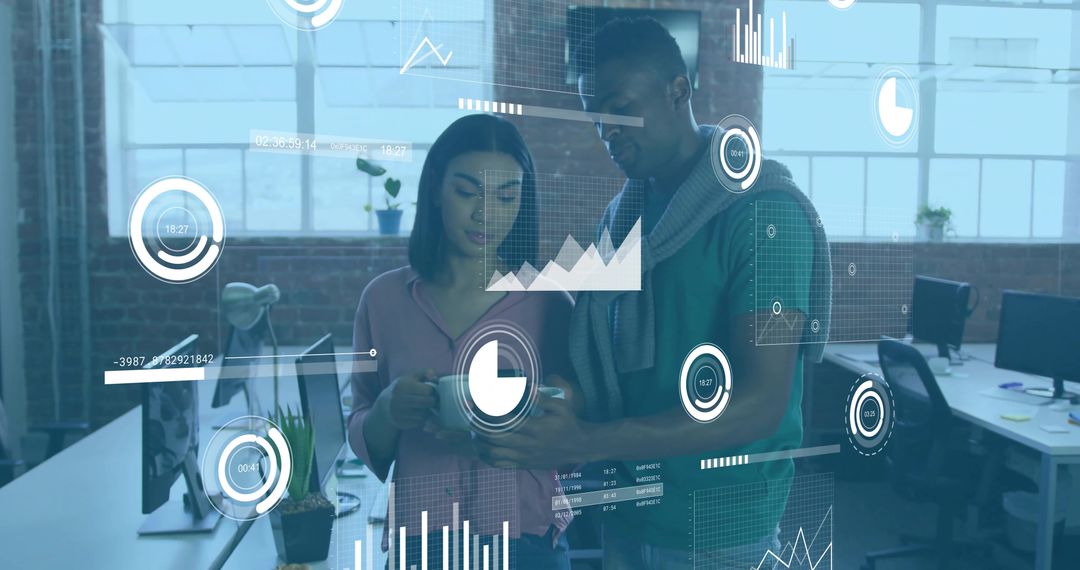 Coworkers Analyzing Interactive Virtual Data Holograms in Modern Office