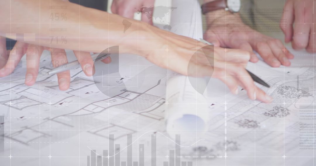 Team Collaborating Over Architectural Plans with Digital Overlays