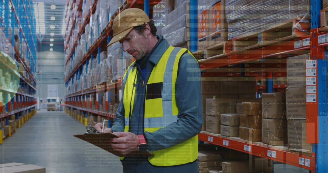 Warehouse Manager Checking Inventory Amid Digital Overlay