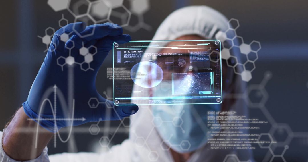 Technician Holding Holographic Data in Lab for Futuristic Research