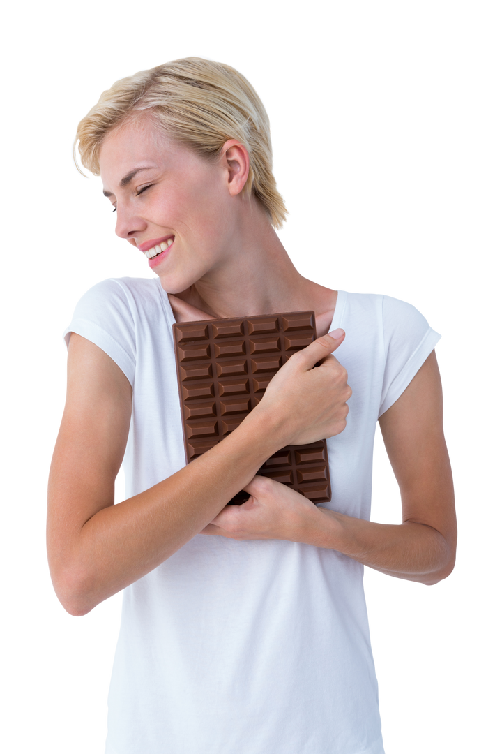 Smiling Woman Hugging Large Bar of Chocolate on Transparent Background - Download Free Stock Images Pikwizard.com