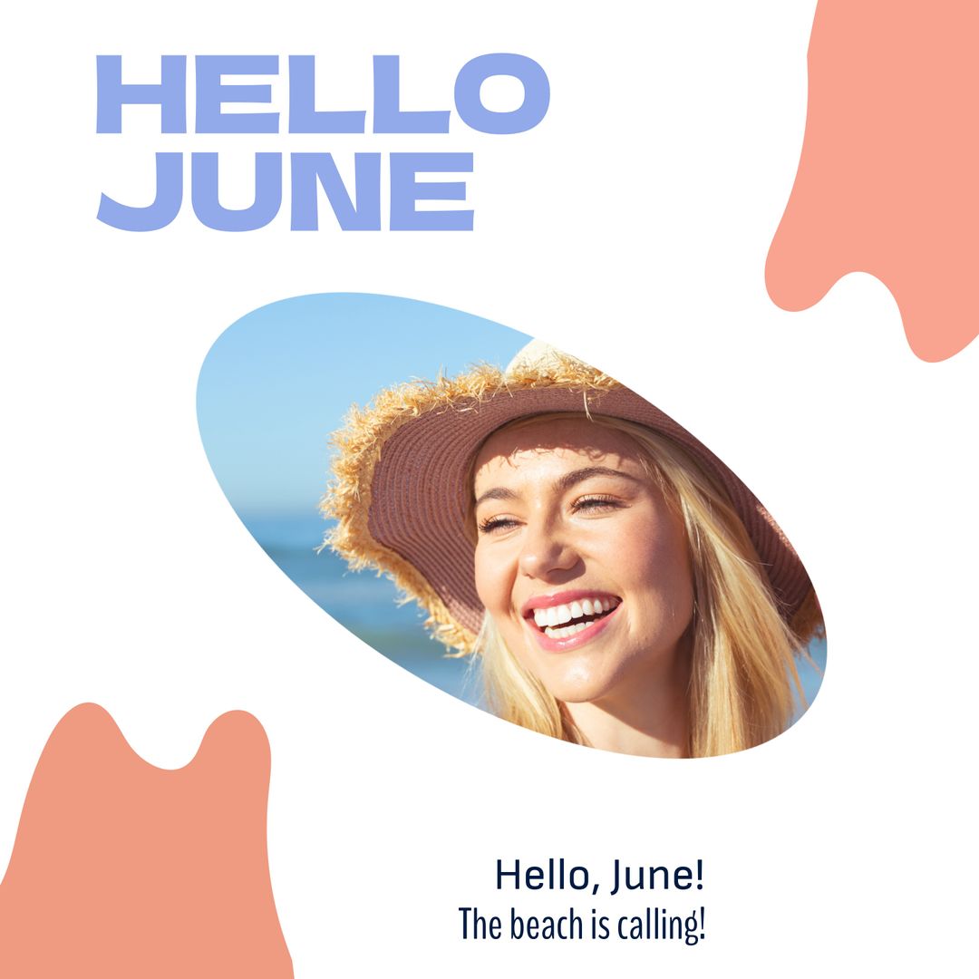 Hello June Summer Beach Smiling Woman in Sunhat