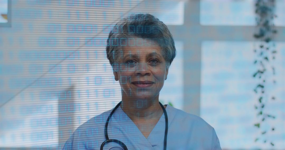Senior Clinician Leading Digital Healthcare Transformation with Binary Code Overlay