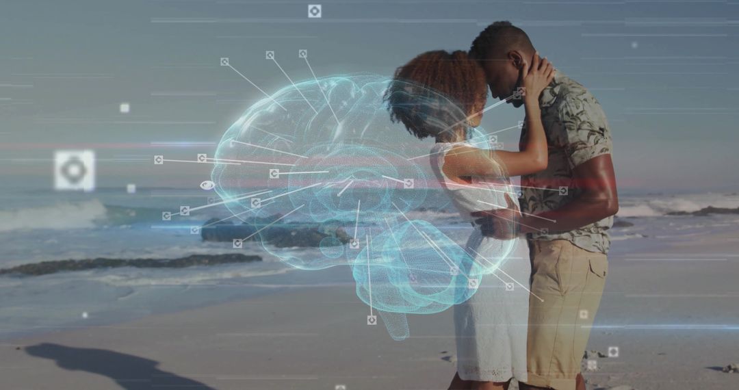 Romantic couple embracing with digital brain overlay at seaside
