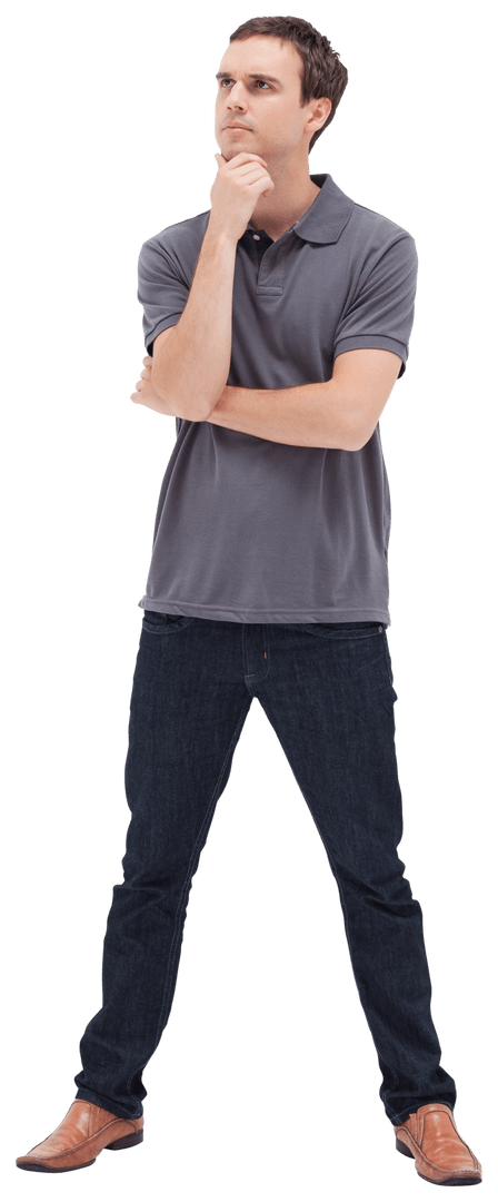 Thoughtful Young Man Standing, Looking Up Isolated on Transparent Background