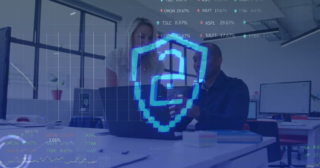 Cybersecurity in Modern Office with Diverse Professionals Analyzing Data