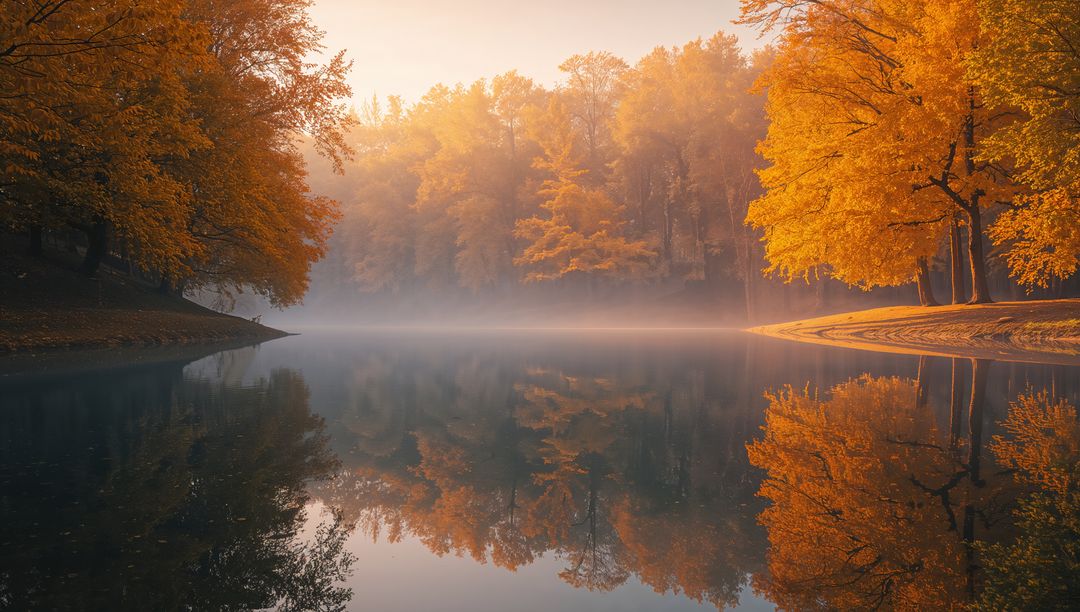 Vibrant Autumn Reflection on Misty Lake