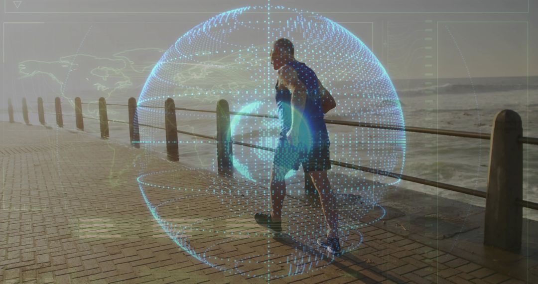 Runner with Holographic Sphere near Seaside Promenade