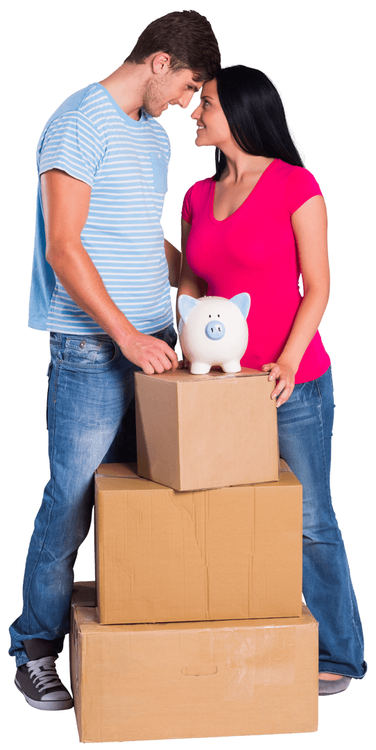 Young Couple with Moving Boxes and Piggy Bank on Transparent Background