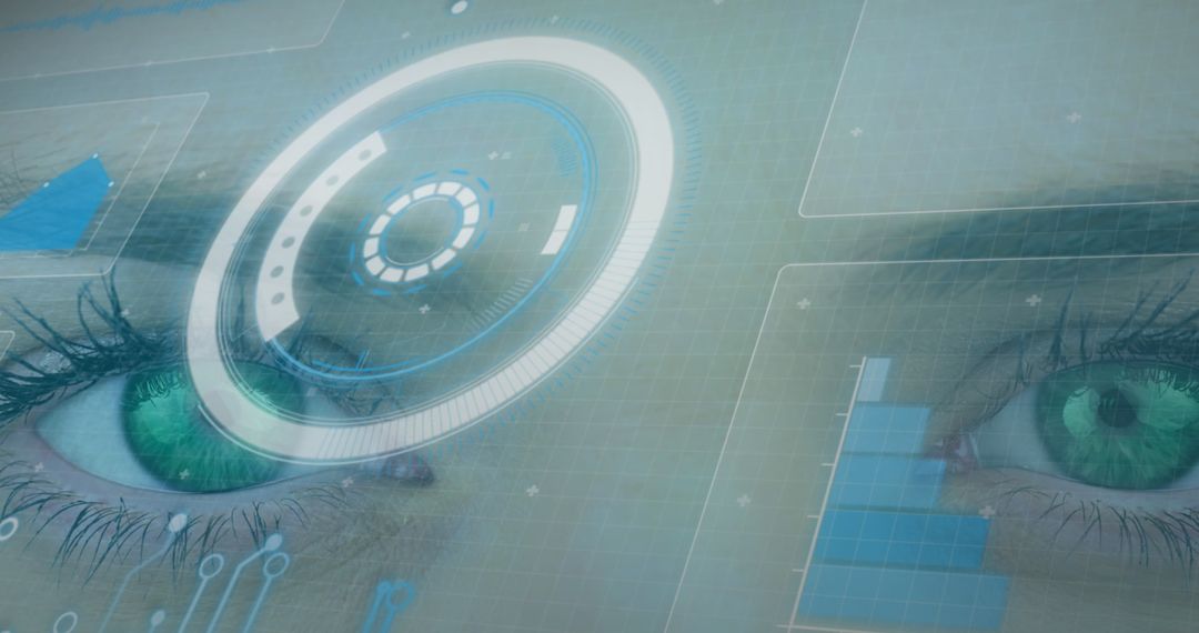 Futuristic Digital Interface Overlay on Analyzing Woman's Eyes