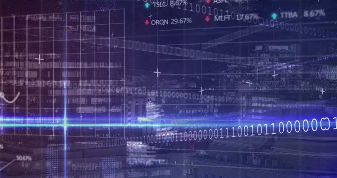 Digital financial data and binary code overlay