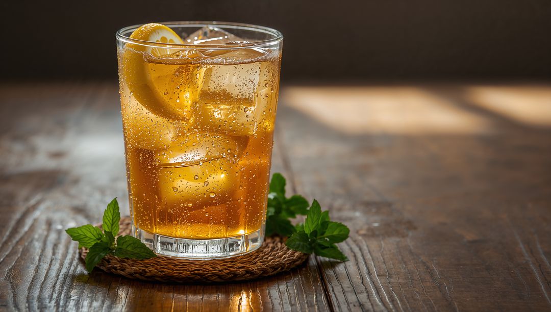 Sparkling Iced Tea with Lemon Wheel, Ice Cubes and Fresh Mint on Rustic Wooden Table