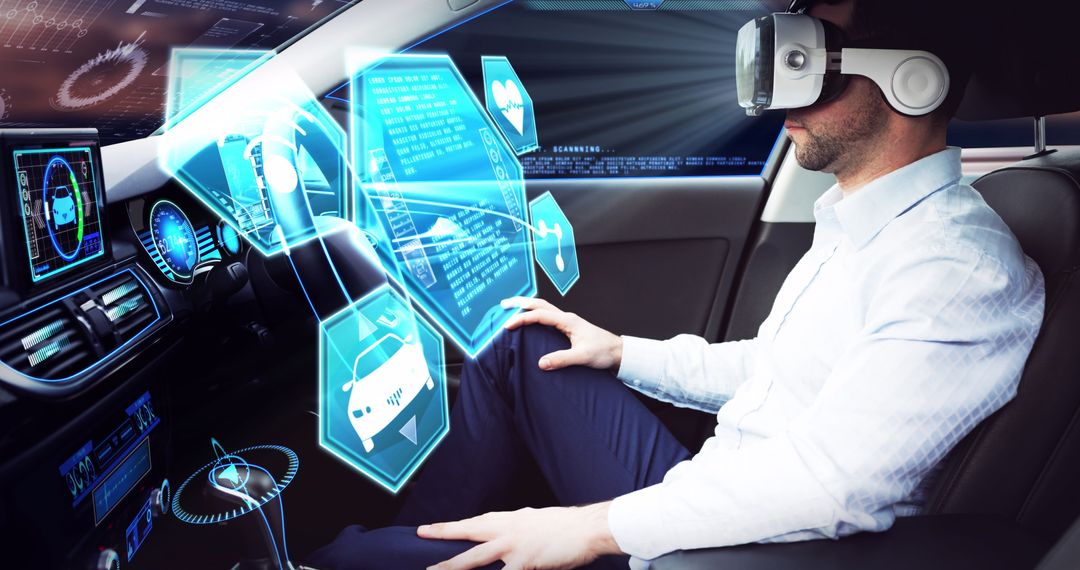 Businessman Using VR in Autonomous Car with Holographic Displays