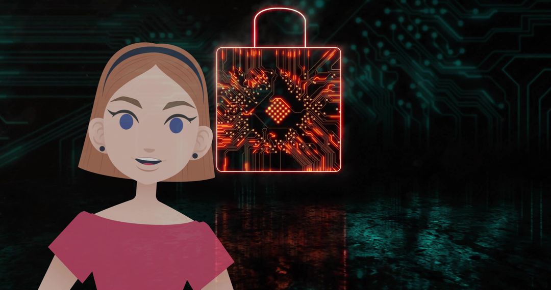 Avatar presenting neon padlock cybersecurity concept in futuristic cyber background