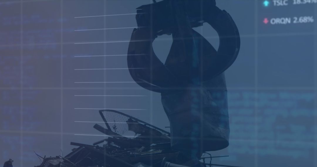 Financial Data Overlay on Junkyard Machines Symbolizing Market and Recycling