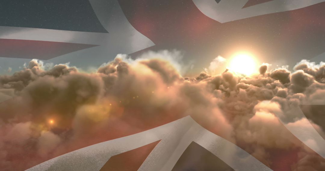 Sunburst Through Stormy Clouds overlaying Union Jack Flag