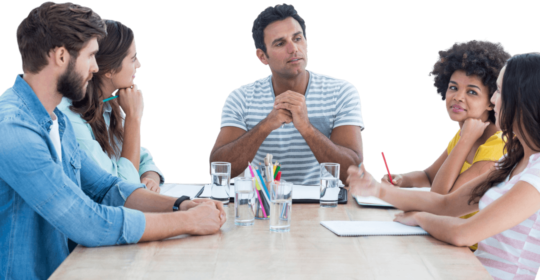 Transparent Diverse Team Meeting Around Office Table