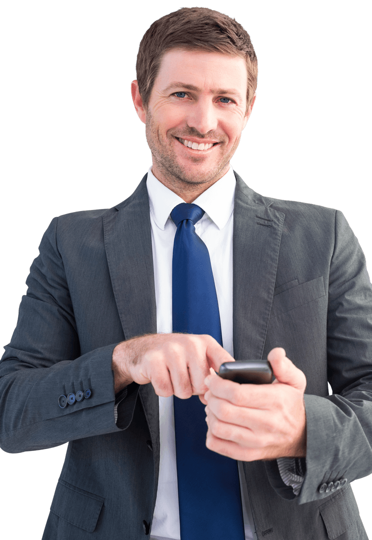 Smiling Businessman Texting on Smartphone Transparent Background
