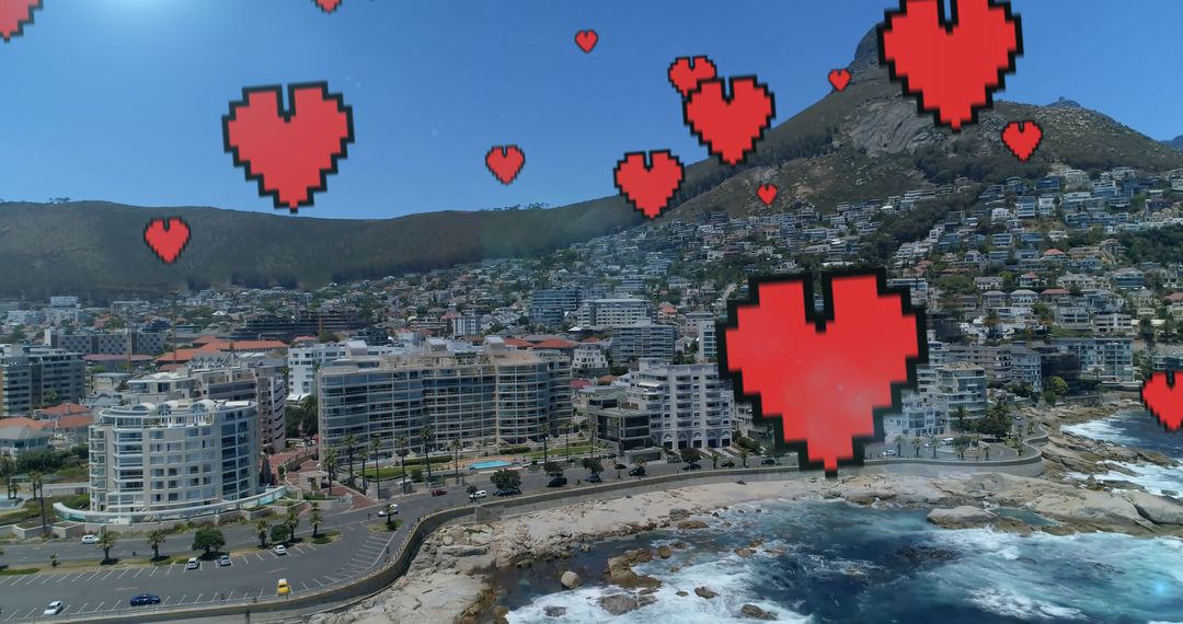 Cityscape with Digital Hearts Symbolizing Connectivity and Social Media
