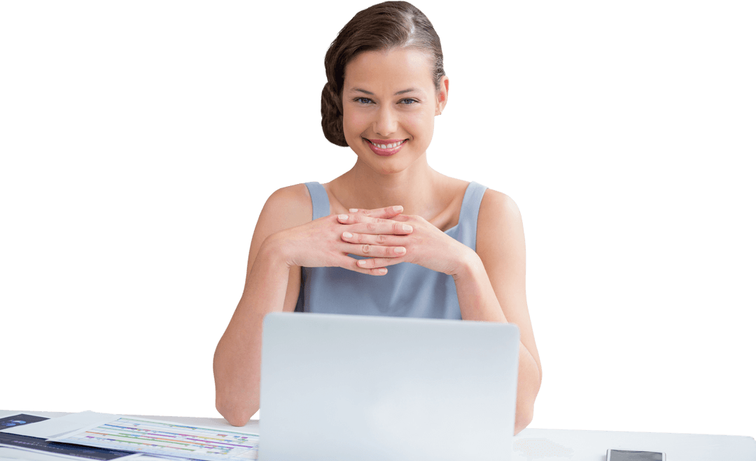 Transparent Smiling Businesswoman with Laptop at Desk