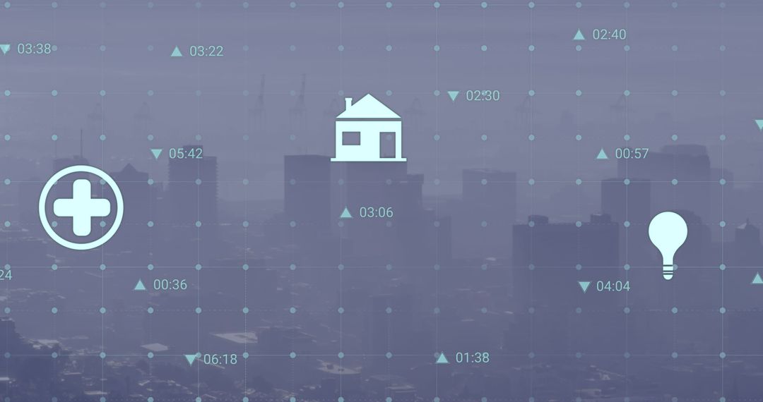 Digital Interface with Data Icons Over Foggy Cityscape