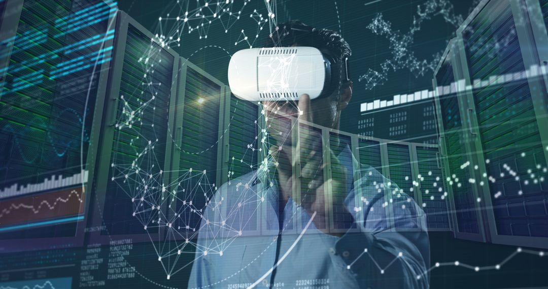 Businessman Engaging with Futuristic VR Interface and Data Visualization - Free Images, Stock Photos and Pictures on Pikwizard.com