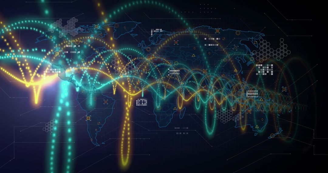 Colorful DNA Strand Overlaying Global Map with Data Elements